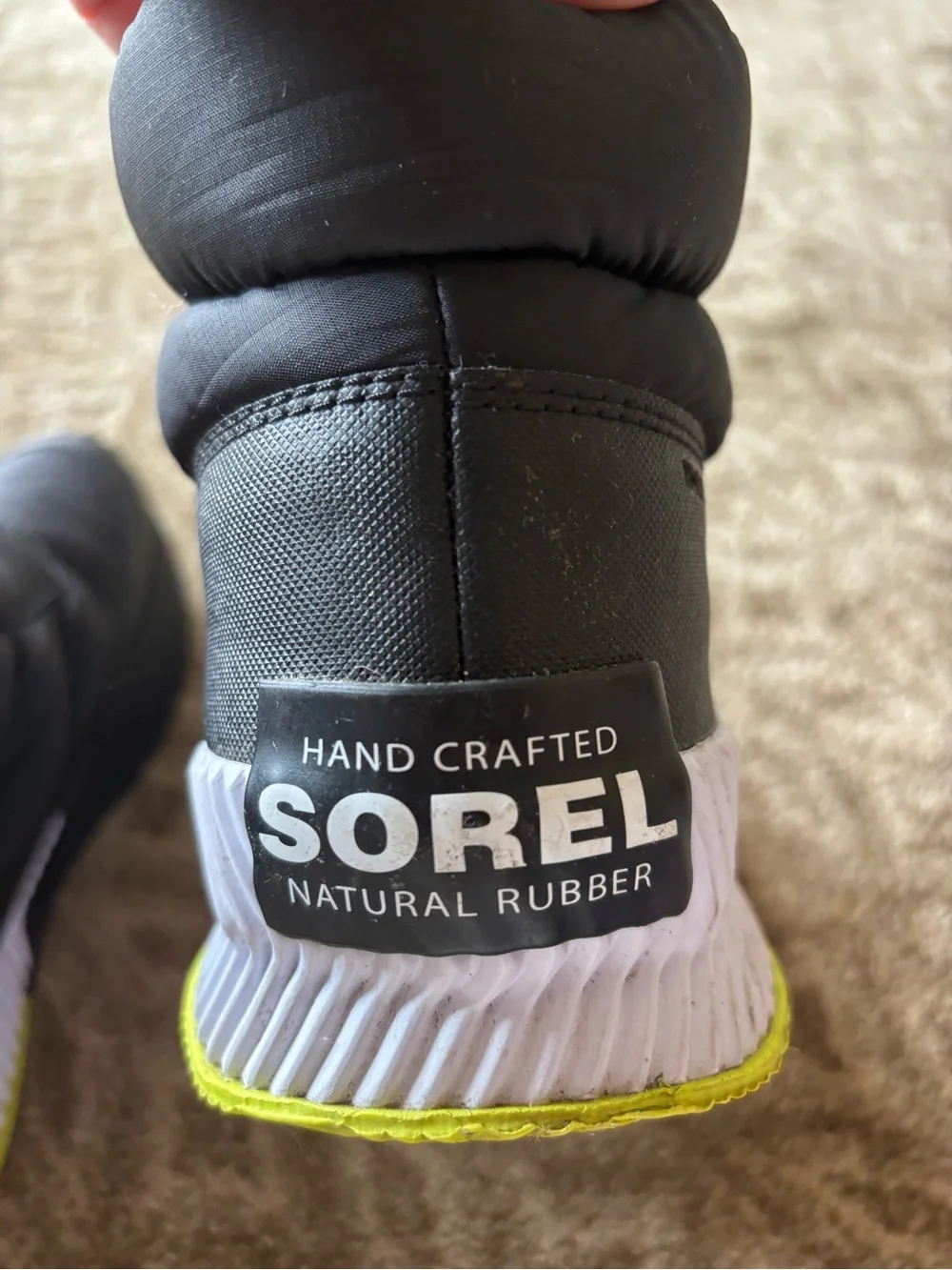 Sorel Women's Black Puffy Ankle Winter Boots with White & Lime Accents